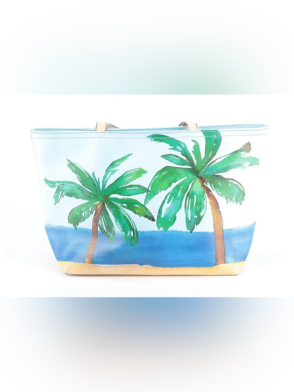 kate spade Light Blue Palm Print Tote with Tan Straps - Picture 3 of 5